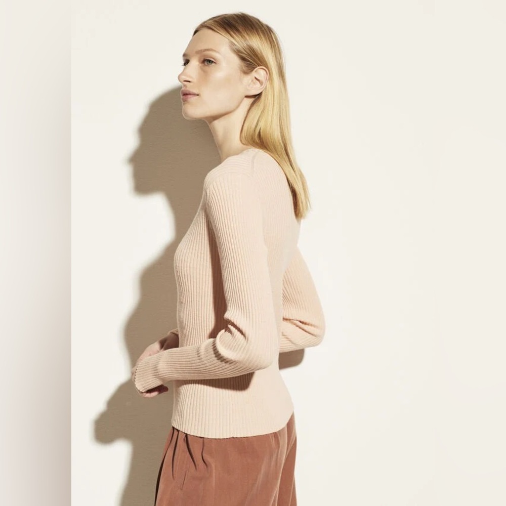 VINCE Marled Rib Crew Pullover Sweater Rose Water/Petal Still Large Knit Wool - Picture 2 of 16